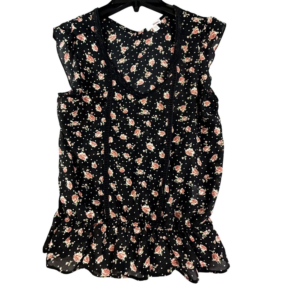 Bongo Black Floral Peasant Blouse Women's Size Large Y2K Boho Cottage Core‎ LG
